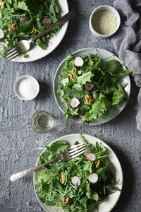 High angle view of food in plate on table