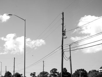 Low angle view of power lines against cloudy sky