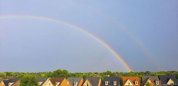 Low angle view of rainbow over building against sky