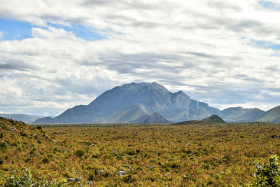 Scenic view of mountain against cloudy sky