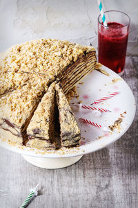 High angle view of cake in plate on table