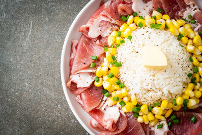 High angle view of food in bowl on table