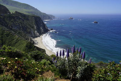 High angle view of sea against clear sky