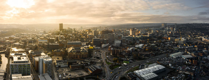 Aerial panoramic view above sheffield city during a cold frosty winter morning