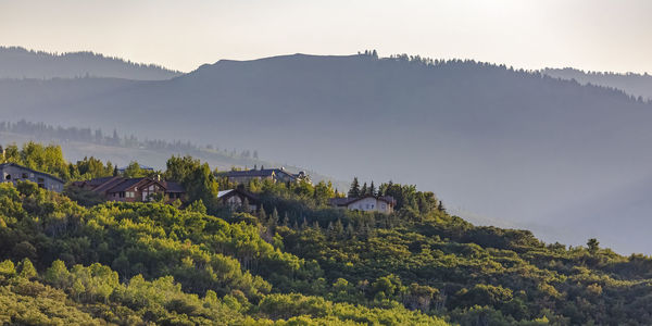 Scenic view of trees and mountains against sky