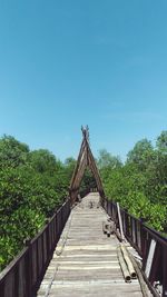 Footbridge against clear blue sky