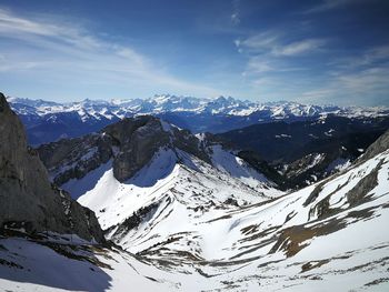 Scenic view of snowcapped mountains against sky