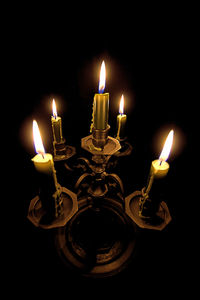 Close-up of lit candles in darkroom