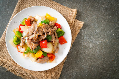 High angle view of food in plate on table