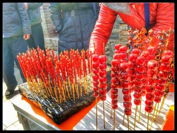 Close-up of red lanterns hanging outdoors