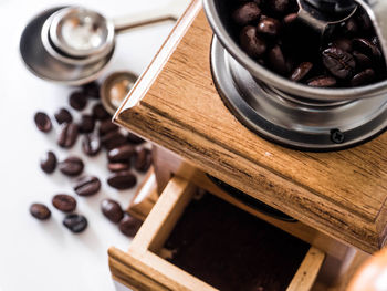 High angle view of coffee beans on table