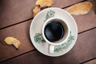 High angle view of coffee cup on table