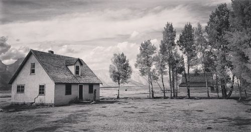 Houses and trees on field against sky