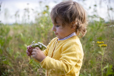 Boy holding plant on field