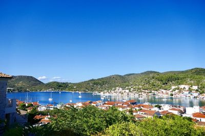 Scenic view of bay against clear blue sky