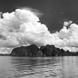 Scenic view of lake against cloudy sky