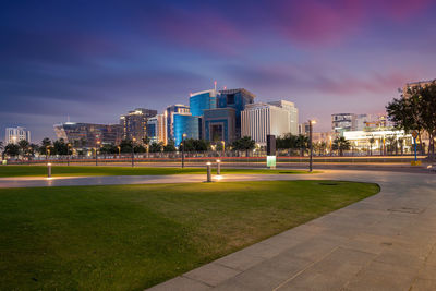 View of city at sunset