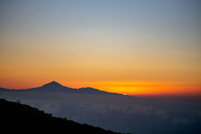 Scenic view of silhouette mountains against romantic sky at sunset