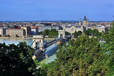 High angle view of river and buildings against sky