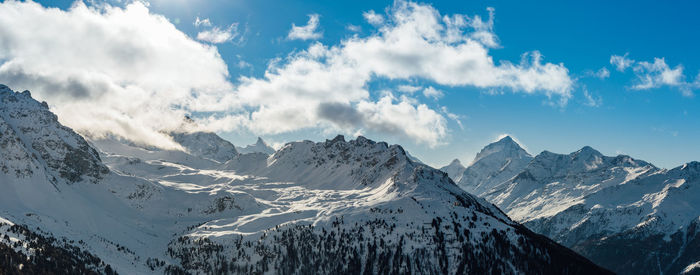 Panoramic view of snowcapped mountains against sky