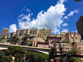 Low angle view of buildings against cloudy sky