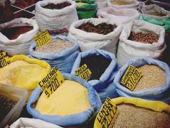 High angle view of various food for sale at market stall