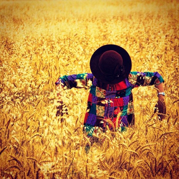 REAR VIEW OF MAN PHOTOGRAPHING WOMAN SITTING ON FARM