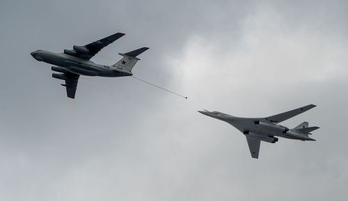 Low angle view of fighter planes flying against sky