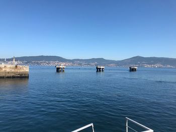 Scenic view of sea against clear blue sky