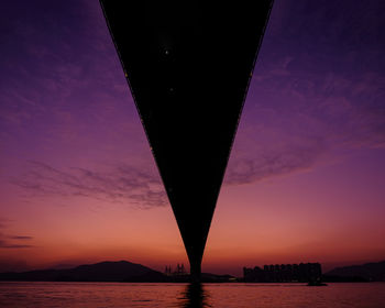 Scenic view of bay against sky at sunset