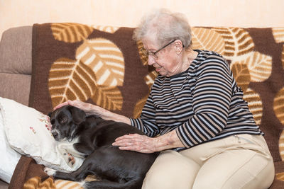 Dog sitting on sofa at home