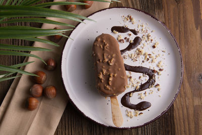 High angle view of dessert in plate on table