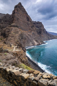 Scenic view of sea and mountains against sky