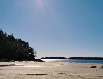 Scenic view of beach against clear blue sky