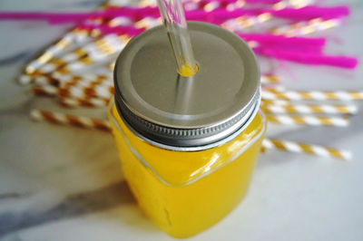 High angle view of drink in jar on table