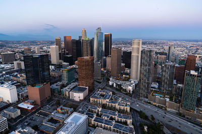 The downtown los angeles california and the city traffic at dusk