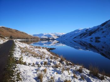 Scenic view of snowcapped mountains against clear blue sky