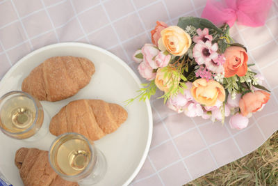 High angle view of breakfast served on table