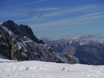 Scenic view of snowcapped mountains against sky