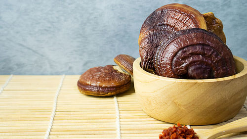 High angle view of bread on cutting board