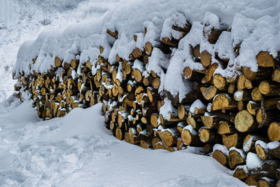 Large pile or stock of firewood for heating furnace covered with snow