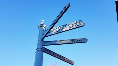 Low angle view of road sign against clear sky