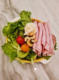 High angle view of food in plate on table