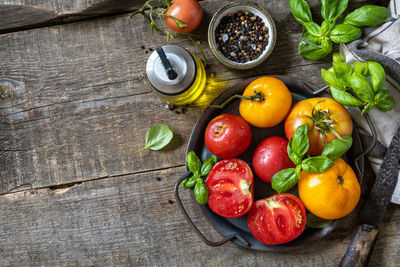 High angle view of fruits and vegetables on table