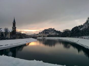 Scenic view of salzach river against cloudy sky during sunset