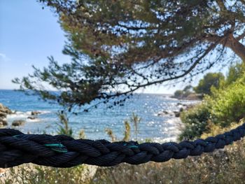 Close-up of rope on shore against sky