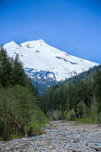 Scenic view of snowcapped mountains against clear blue sky