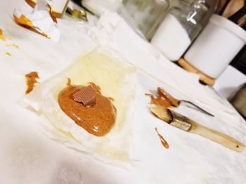 High angle view of cake in plate on table