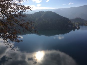 Reflection of trees in lake against sky