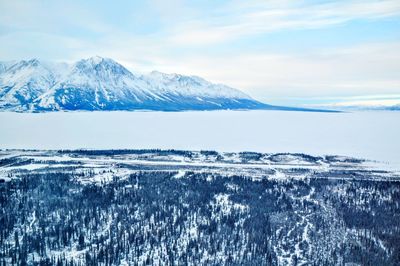 Scenic view of snow covered mountains against sky